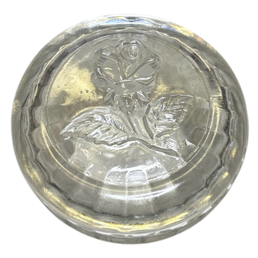 Elegant Glass Vanity Jar Stamped Italy with Rose Design Bormioli Rocco